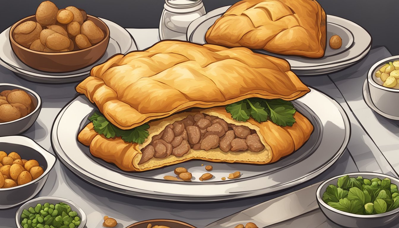 A table set with a flaky, golden-brown pasty split open to reveal a steaming filling of meat, potatoes, and vegetables