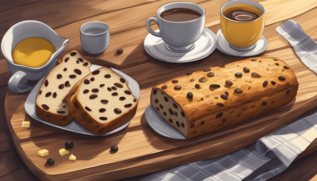 A sliced barmbrack on a wooden cutting board with a spread of butter and a cup of tea on a table