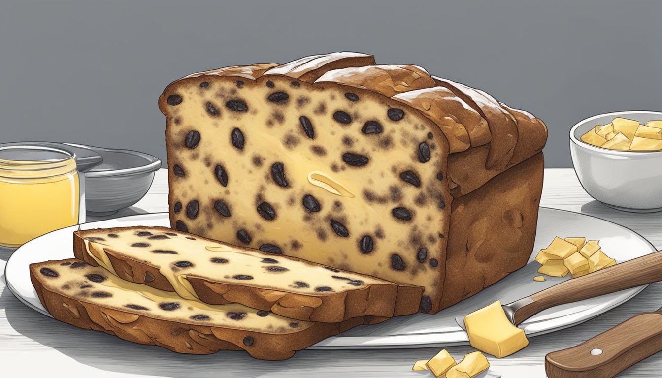 A barmbrack being sliced and spread with butter