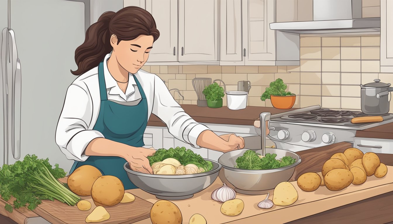 A hand mixing ingredients in a bowl, surrounded by potatoes, onions, and meat on a cutting board