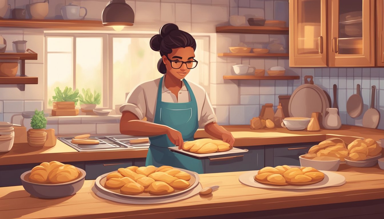 A baker assembles and bakes pasties in a cozy kitchen. Ingredients and utensils are laid out on a wooden countertop. The oven is preheated, emitting a warm glow