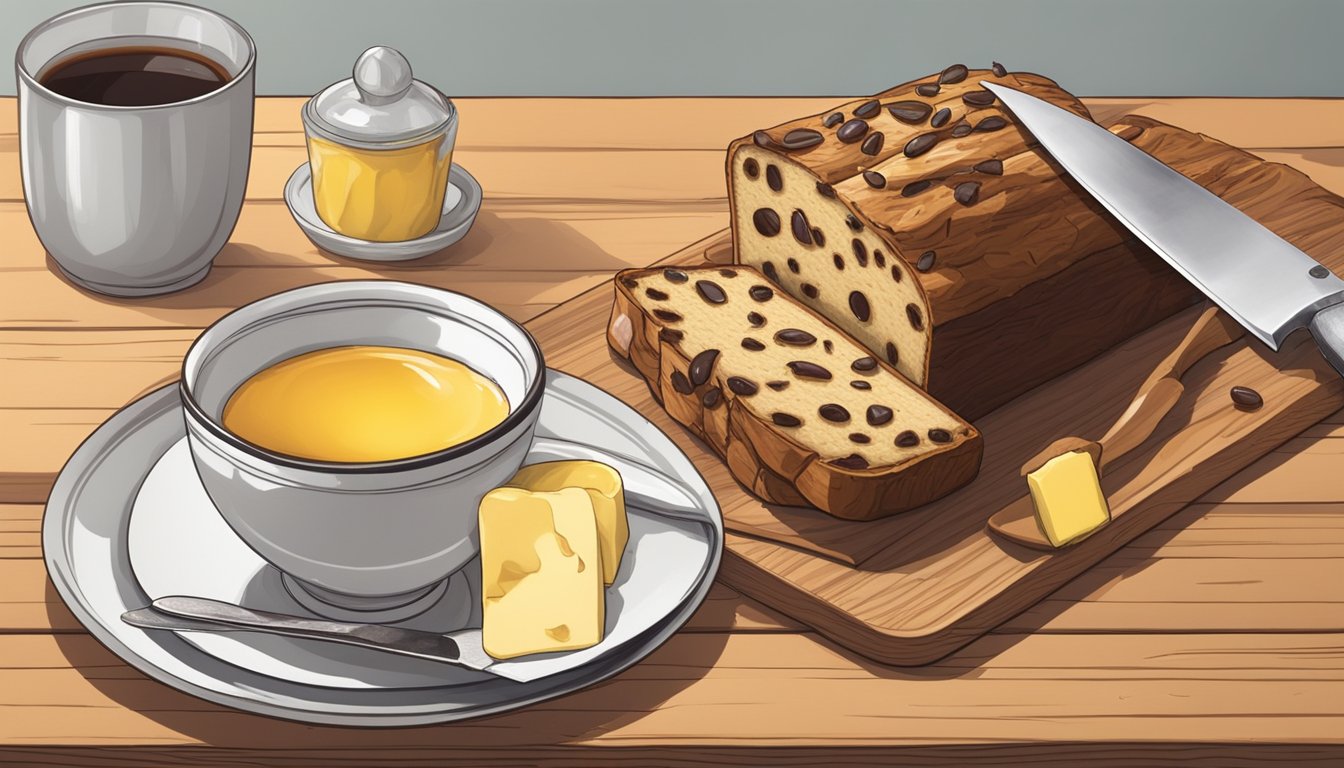 A sliced barmbrack on a wooden cutting board with a knife. A spread of butter and a cup of tea on the side