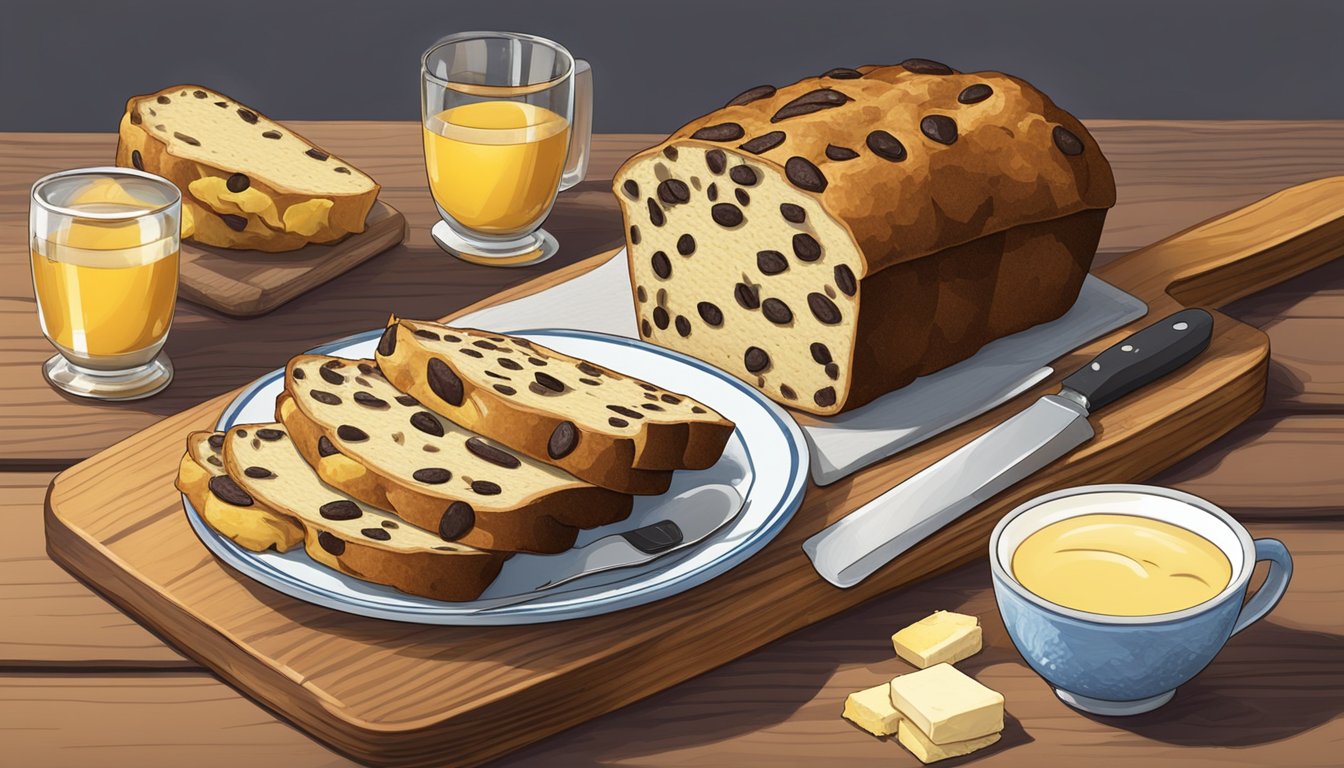 A barmbrack being sliced into pieces on a wooden cutting board, with a spread of butter and a cup of tea on the side