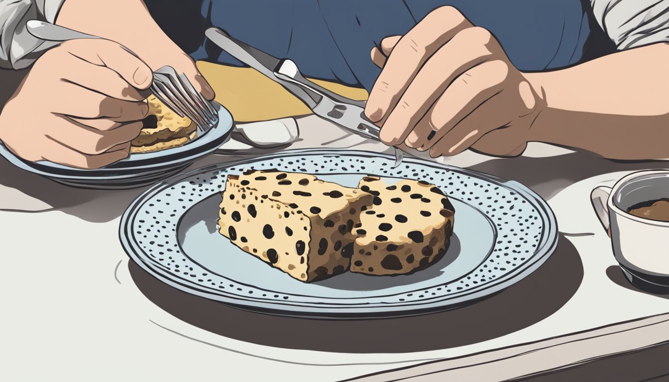 A table set with a steaming bowl of spotted dick, a fork beside it, and a person reaching for a slice