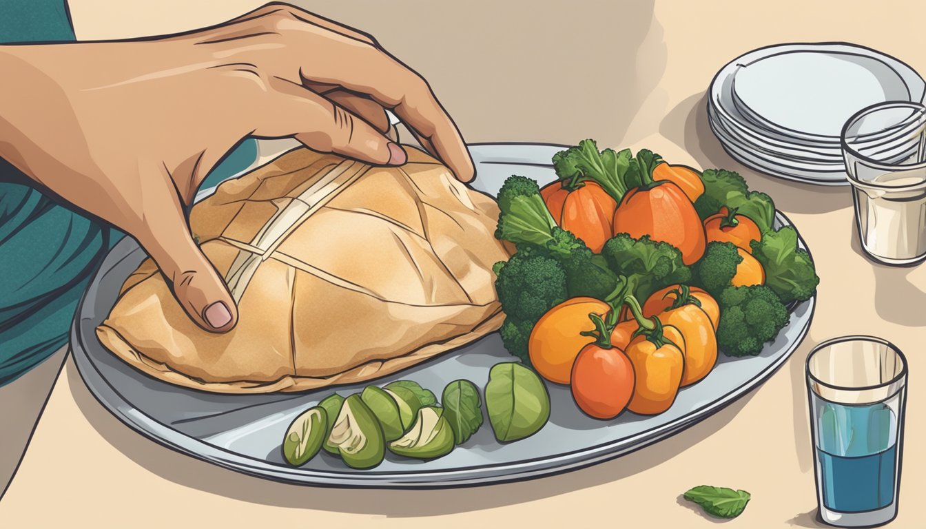 A person's hand unwrapping a pasty, with a plate of vegetables and a glass of water nearby