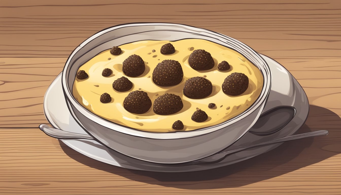 A bowl of spotted dick dessert with custard on a wooden table