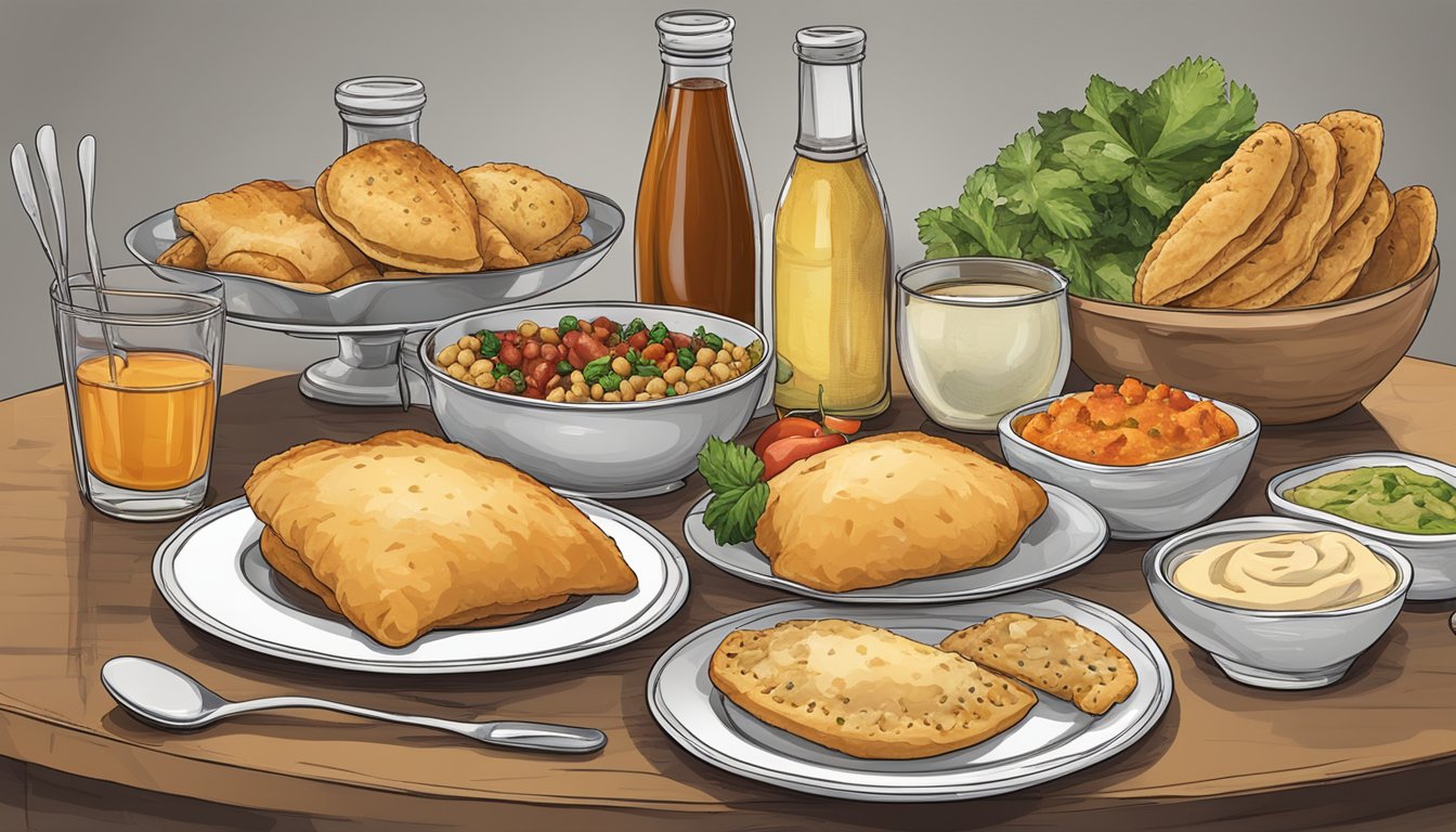 A table set with various pasties and accompaniments, such as sauces, utensils, and garnishes, ready to be enjoyed