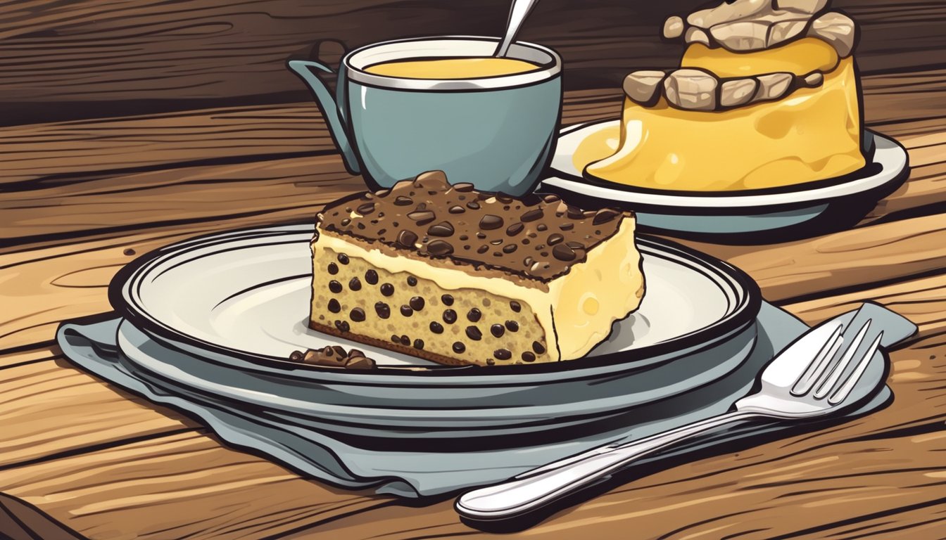 A plate with a slice of spotted dick, topped with custard, on a wooden table