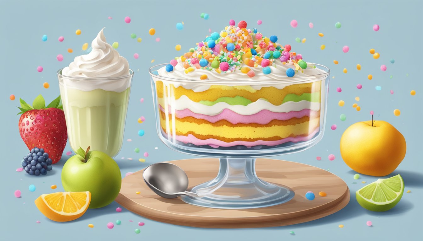 A clear glass bowl filled with layers of sponge cake, fruit, custard, and whipped cream, topped with colorful sprinkles