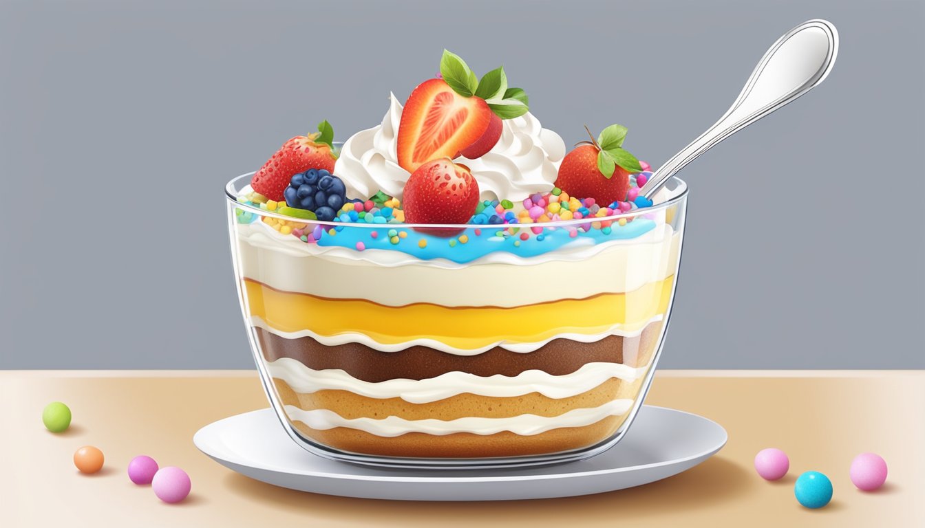 A glass bowl filled with layers of sponge cake, custard, fruit, and whipped cream, topped with colorful sprinkles and served with a spoon