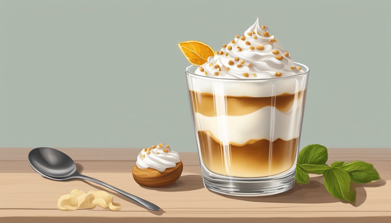 A glass of syllabub sits on a wooden table, garnished with a sprinkle of nutmeg and a dollop of whipped cream