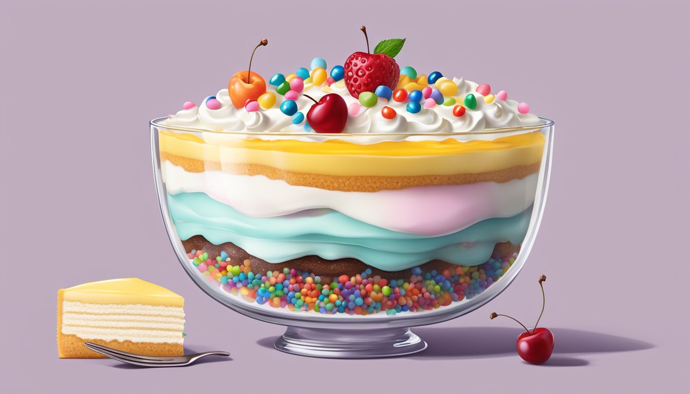 A glass bowl filled with layers of sponge cake, custard, fruit, and whipped cream, topped with colorful sprinkles and a cherry