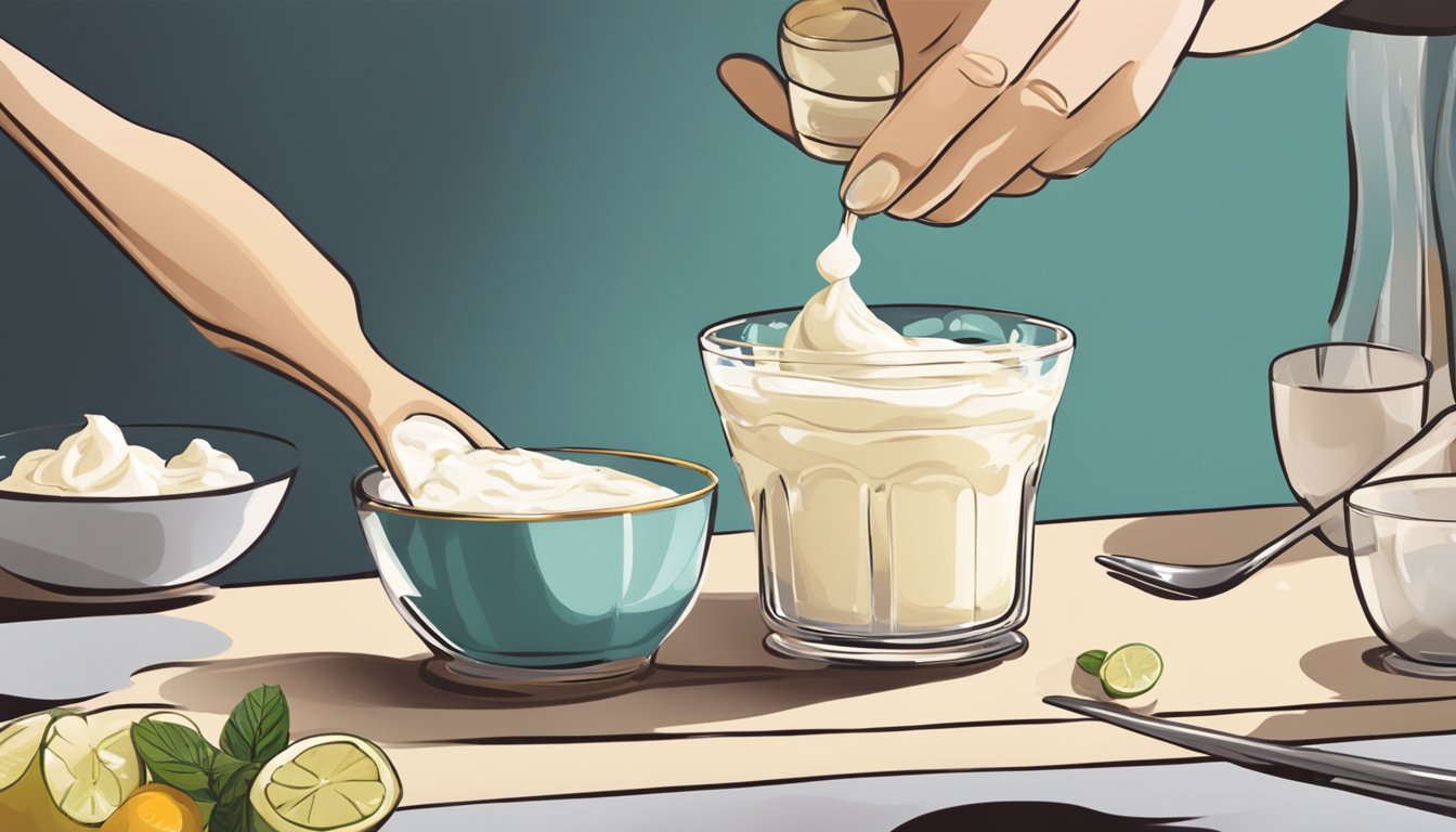 A person using a spoon to scoop up creamy syllabub from a decorative glass dish on a table