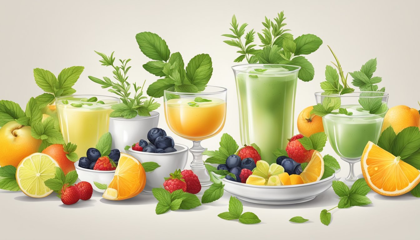 A table set with various vessels of syllabub, surrounded by fresh fruit and herbs