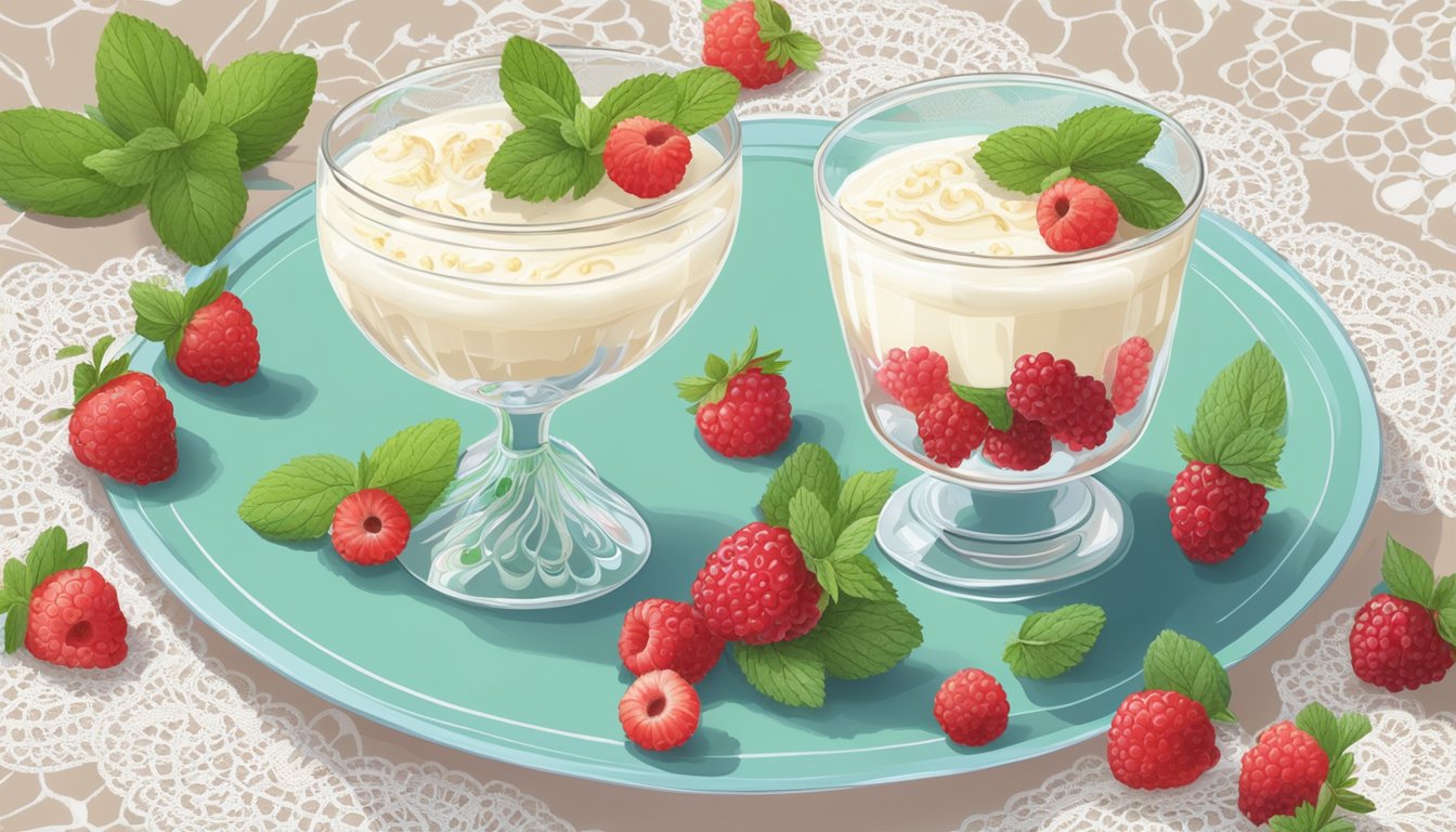 A delicate glass filled with creamy syllabub sits atop a lace doily, surrounded by fresh berries and a sprig of mint