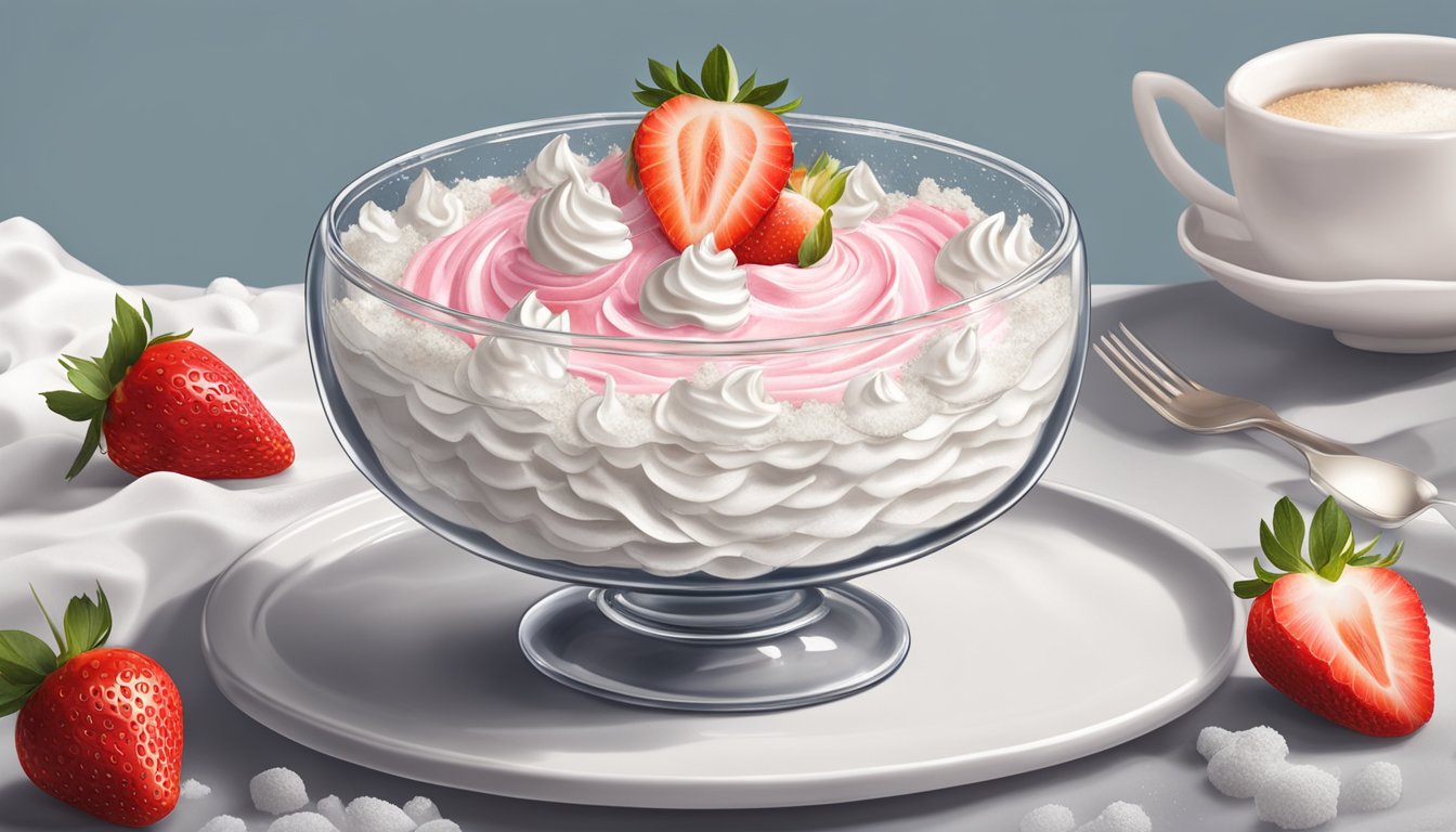 A table set with a glass bowl filled with layers of crushed meringue, whipped cream, and fresh strawberries, topped with a sprinkle of powdered sugar