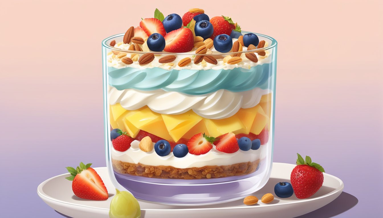 A colorful trifle sits in a transparent glass dish, layered with fruit, custard, and gluten-free sponge cake, topped with a dollop of dairy-free whipped cream and a sprinkle of nuts