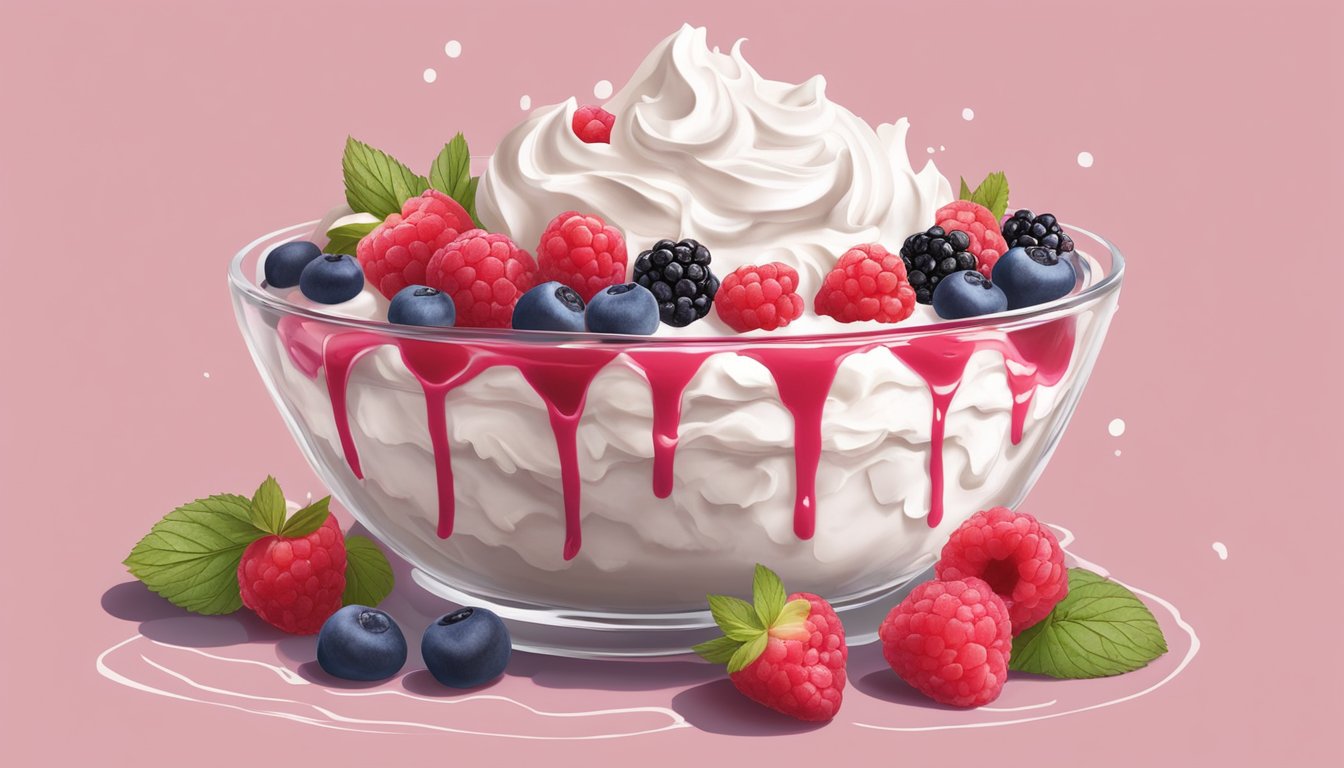 A bowl of Eton mess with crushed meringue, whipped cream, and fresh berries, topped with a drizzle of raspberry coulis