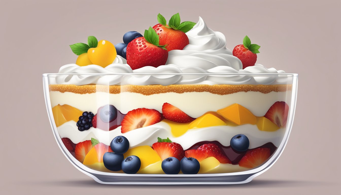 A spoon scoops into a glass dish of layered trifle, revealing the colorful layers of sponge cake, custard, fruit, and whipped cream