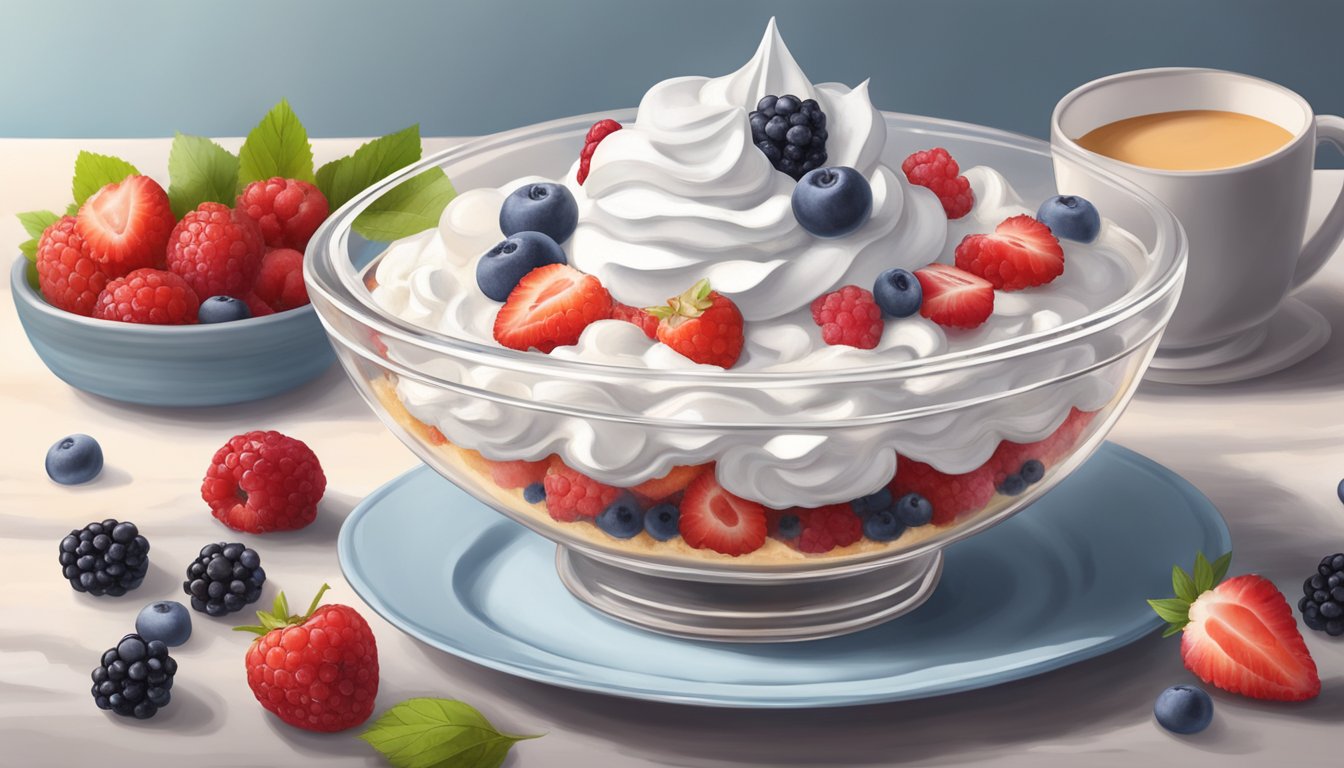 A glass bowl filled with layers of crushed meringue, whipped cream, and fresh berries, topped with a dusting of powdered sugar