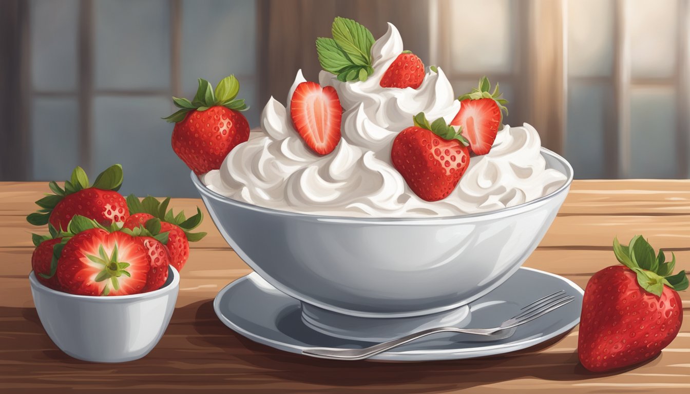 A bowl of Eton Mess topped with fresh strawberries and a dollop of whipped cream sits on a rustic wooden table