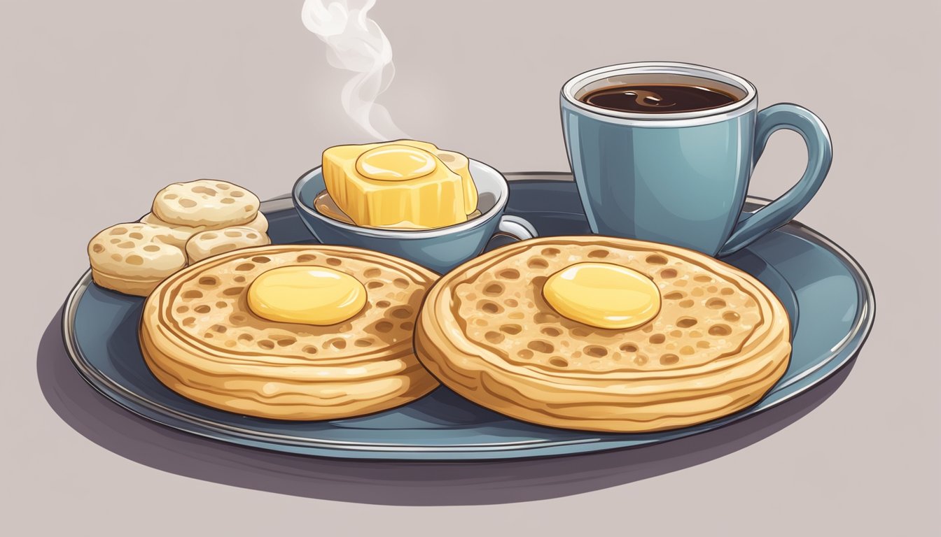 A plate of crumpets with a dollop of butter melting into the nooks and crannies, accompanied by a steaming cup of tea