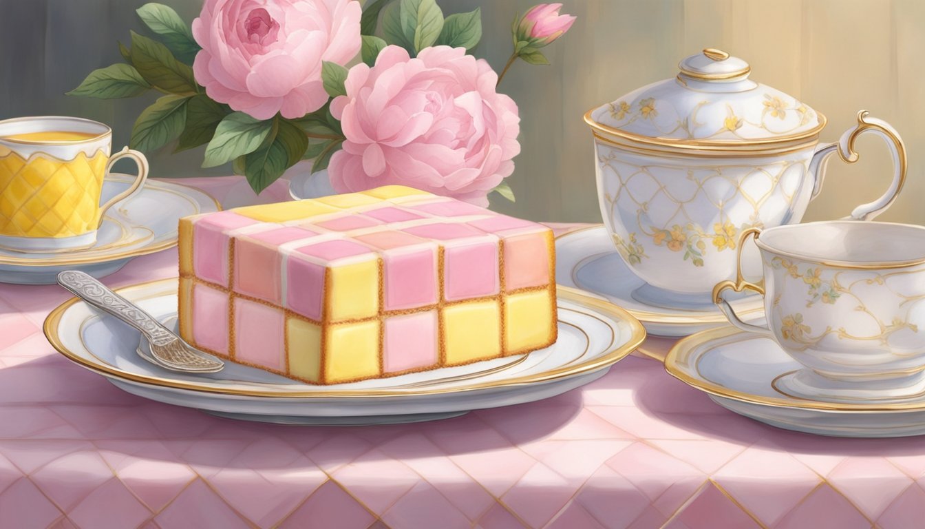 A Battenberg cake sits on a vintage porcelain plate, surrounded by delicate teacups and a silver cake server. The cake is neatly sliced into perfect squares, showcasing its distinctive pink and yellow checkerboard pattern