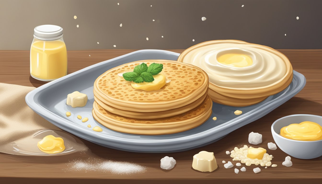 A plate of crumpets with a dollop of butter melting on top, surrounded by a bowl of batter and scattered ingredients like flour and sugar