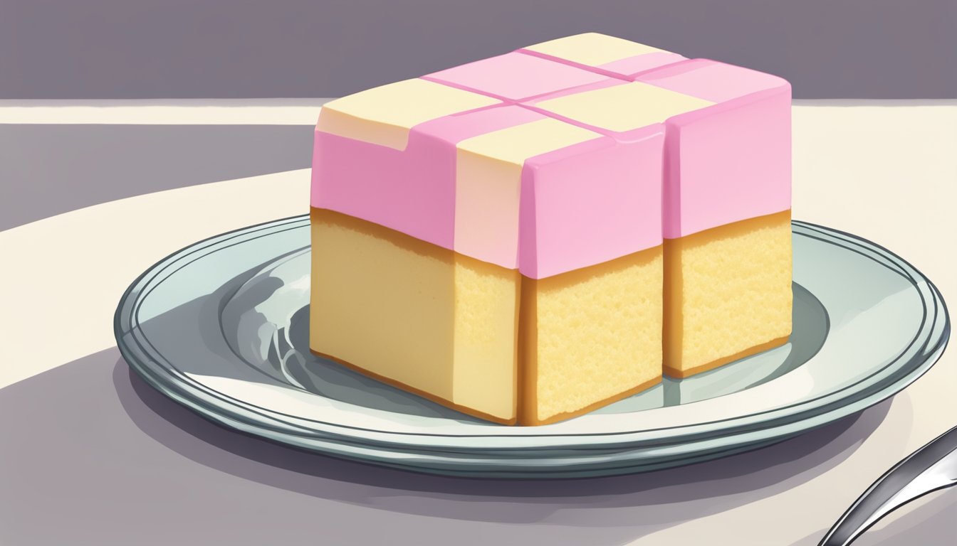 A slice of Battenberg cake on a delicate plate, with a fork poised to take a bite