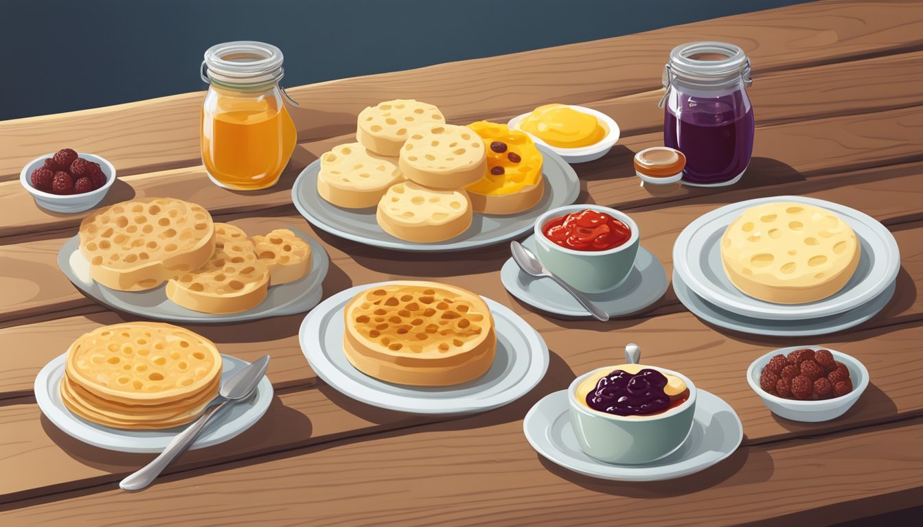 A plate of crumpets with a variety of toppings, including jam, butter, cheese, and honey, arranged neatly on a wooden table