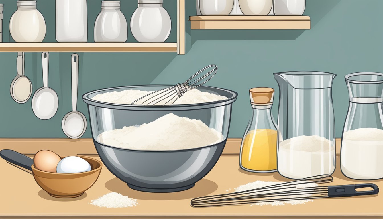 A mixing bowl with flour, sugar, and eggs. A whisk and measuring cups on a countertop