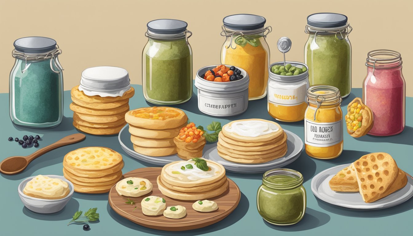 A table set with various crumpet pairings, surrounded by jars of spreads and toppings