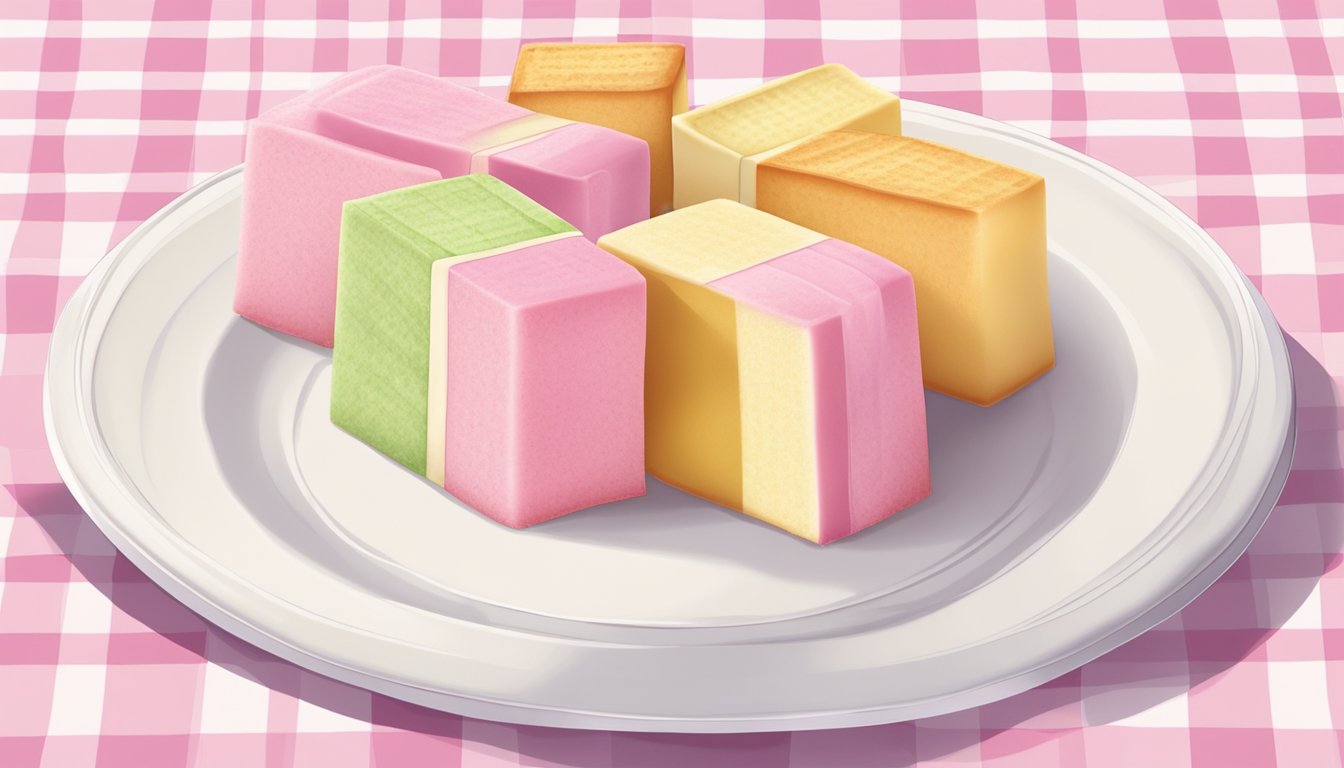 A battenberg cake sliced into neat squares on a white platter with a delicate floral tablecloth underneath