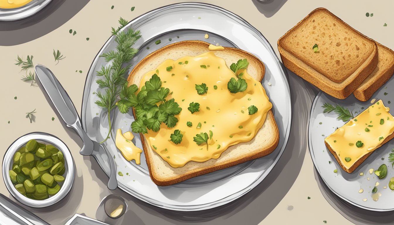 A plate with a slice of toasted bread covered in a rich, golden cheese sauce, sprinkled with chopped herbs and a side of pickles