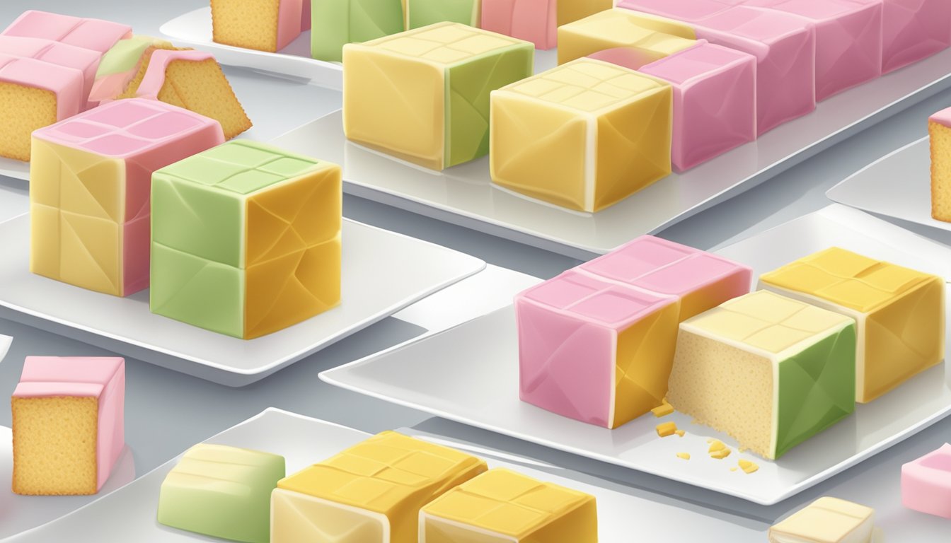 A Battenberg cake is being carefully sliced into neat, uniform squares on a clean, white plate