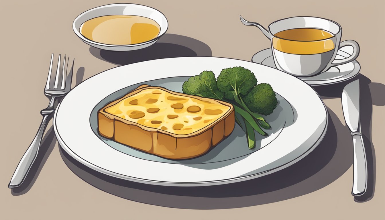 A table set with a plate of welsh rarebit, a knife, and a fork. A steaming cup of tea sits next to the plate