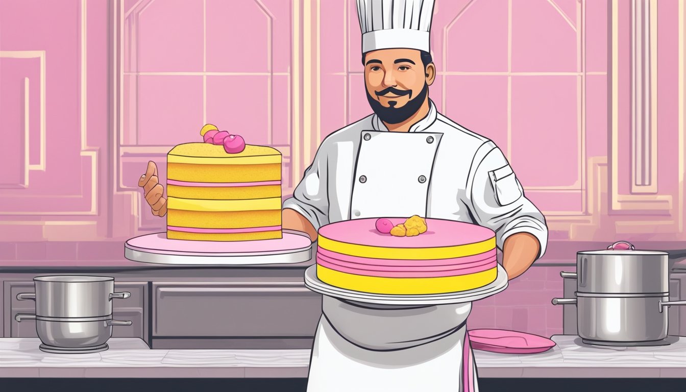 A chef carefully layers pink and yellow sponge cake with marzipan, creating a Battenberg cake