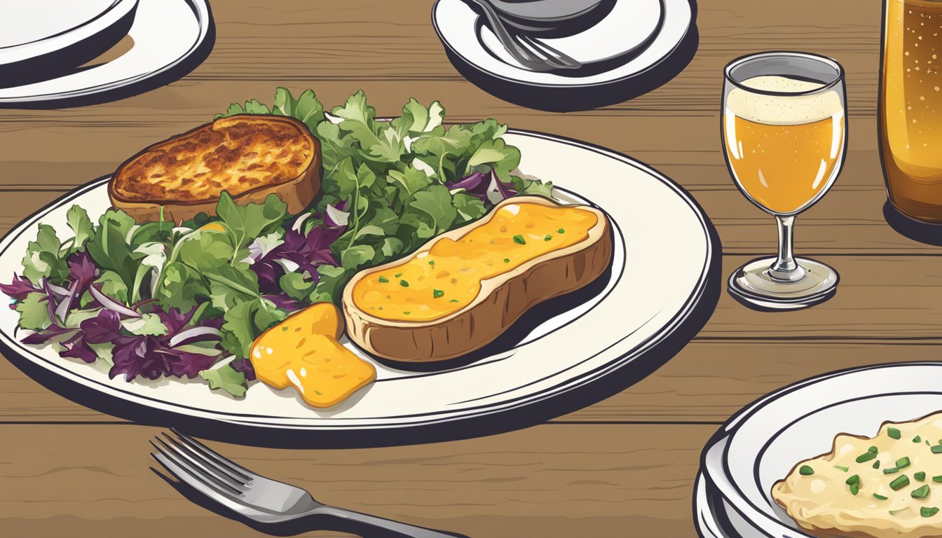 A table set with a plate of welsh rarebit, accompanied by a side salad and a glass of beer