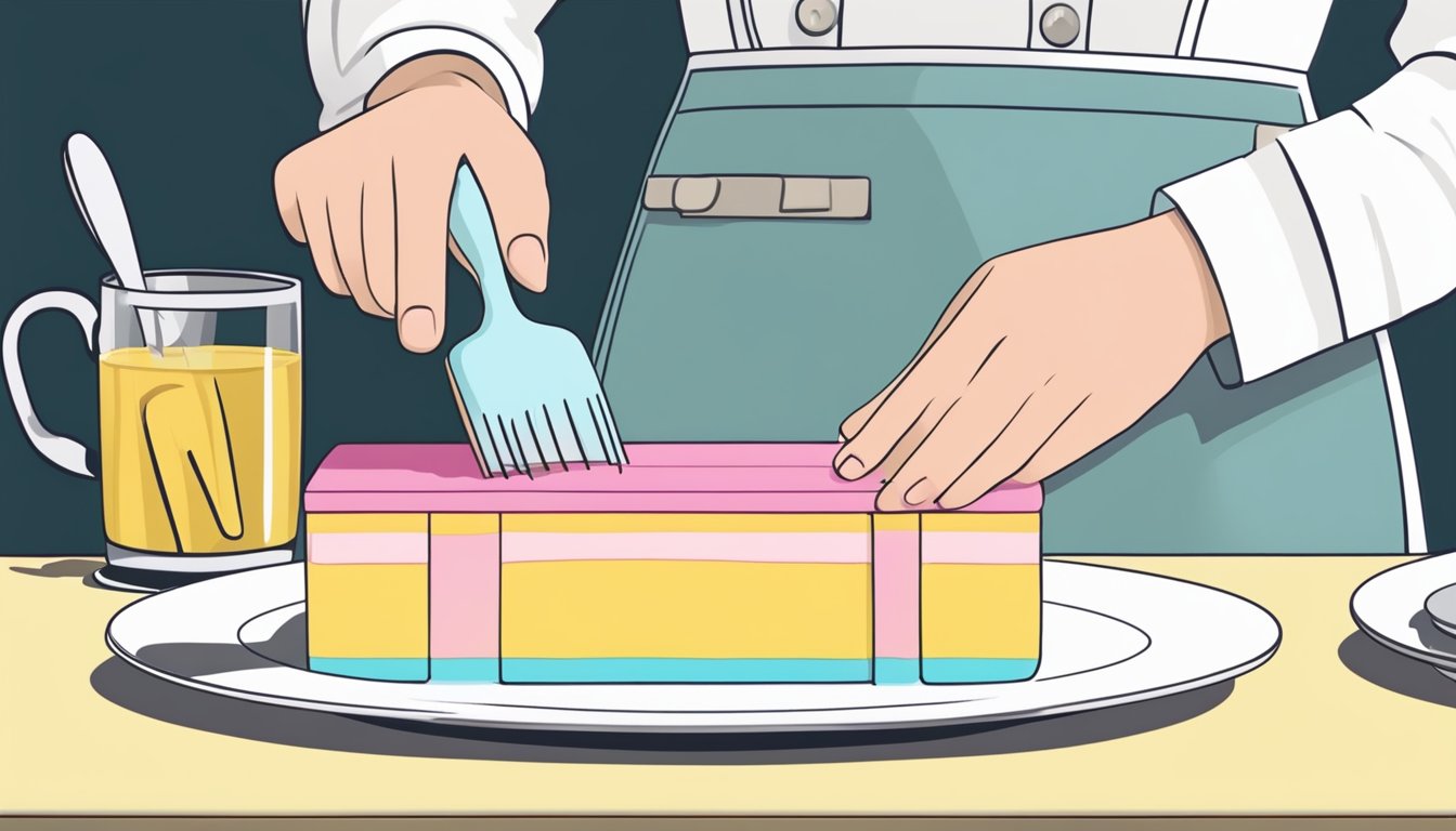 A battenberg cake sits on a white plate, with a hand using a spatula to cover it in marzipan