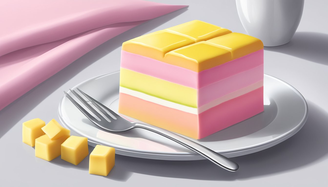 A slice of Battenberg cake on a white plate with a silver fork beside it. The cake has four alternating pink and yellow squares, and is topped with a layer of marzipan