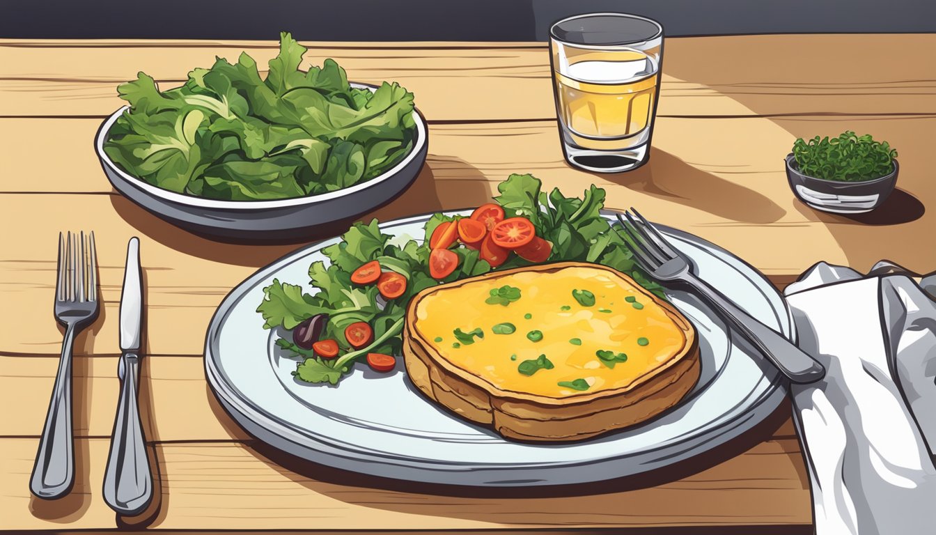 A table set with a plate of welsh rarebit, a side salad, and a glass of water