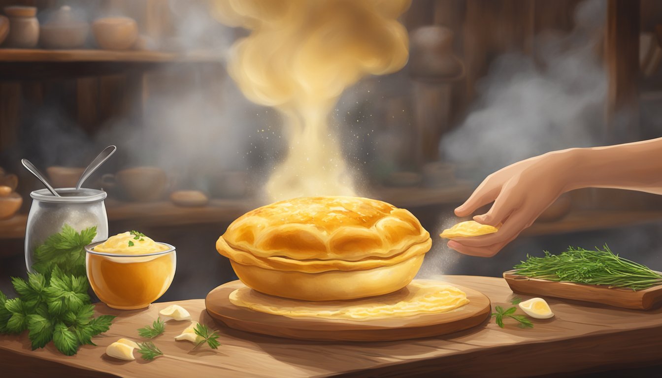 A golden khachapuri sits on a wooden table, steam rising from its cheesy center. A baker's hands sprinkle fresh herbs on top