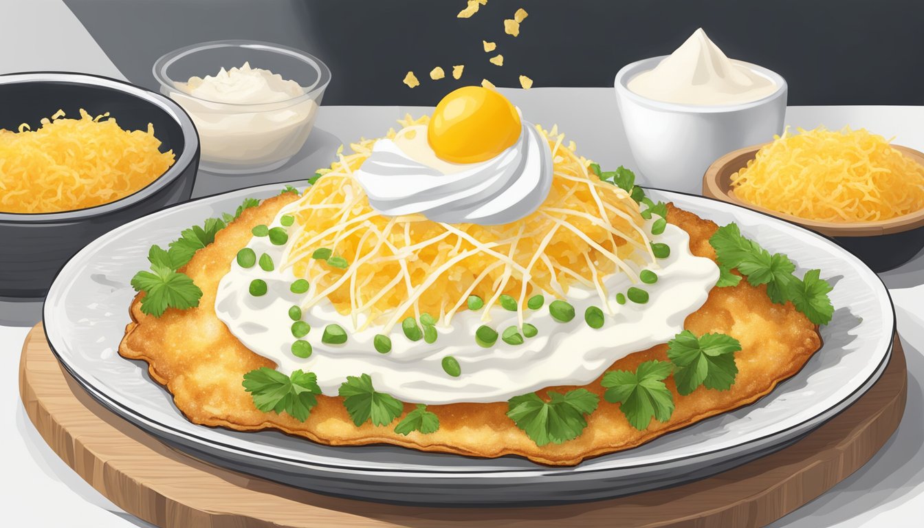 A golden, crispy lángos is being topped with a generous layer of sour cream and grated cheese, ready to be devoured