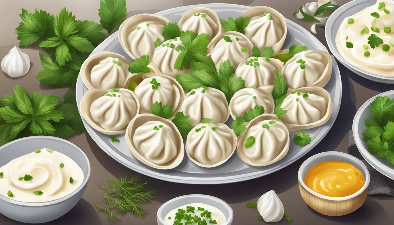 A table set with a variety of pelmeni arranged on a plate, with a side of sour cream and a sprinkle of fresh herbs