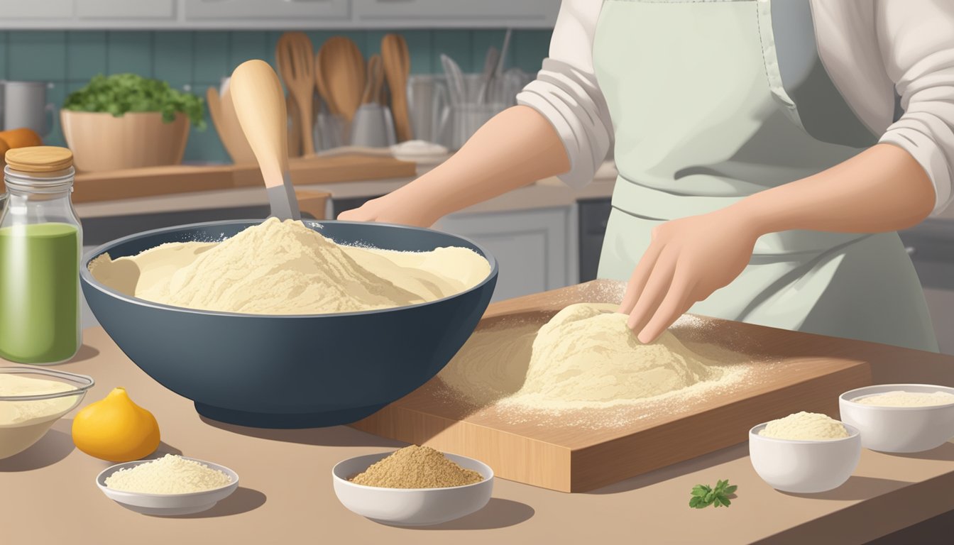 A pair of hands mixing dough in a large bowl, surrounded by ingredients and utensils on a kitchen counter