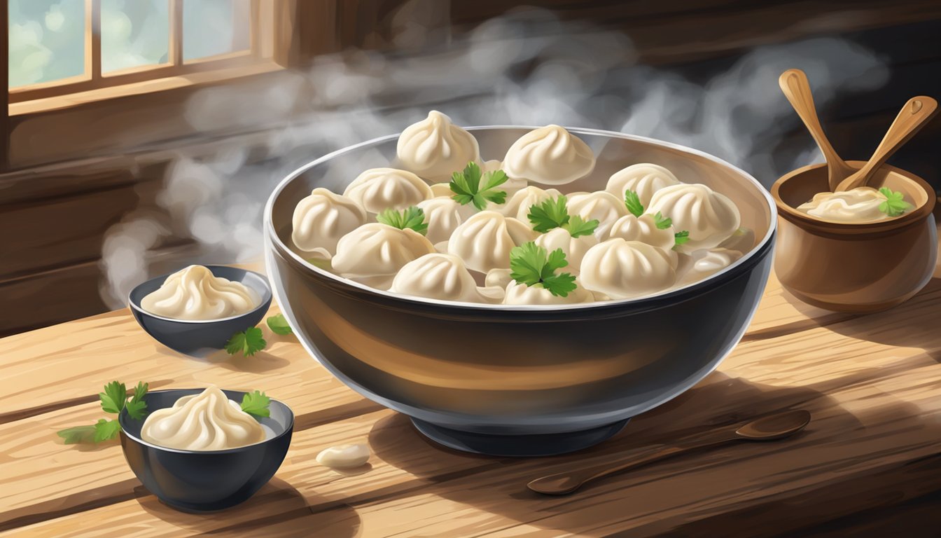 A bowl of pelmeni sits on a rustic wooden table, steam rising from the dumplings. A fork and spoon lie nearby, ready for use