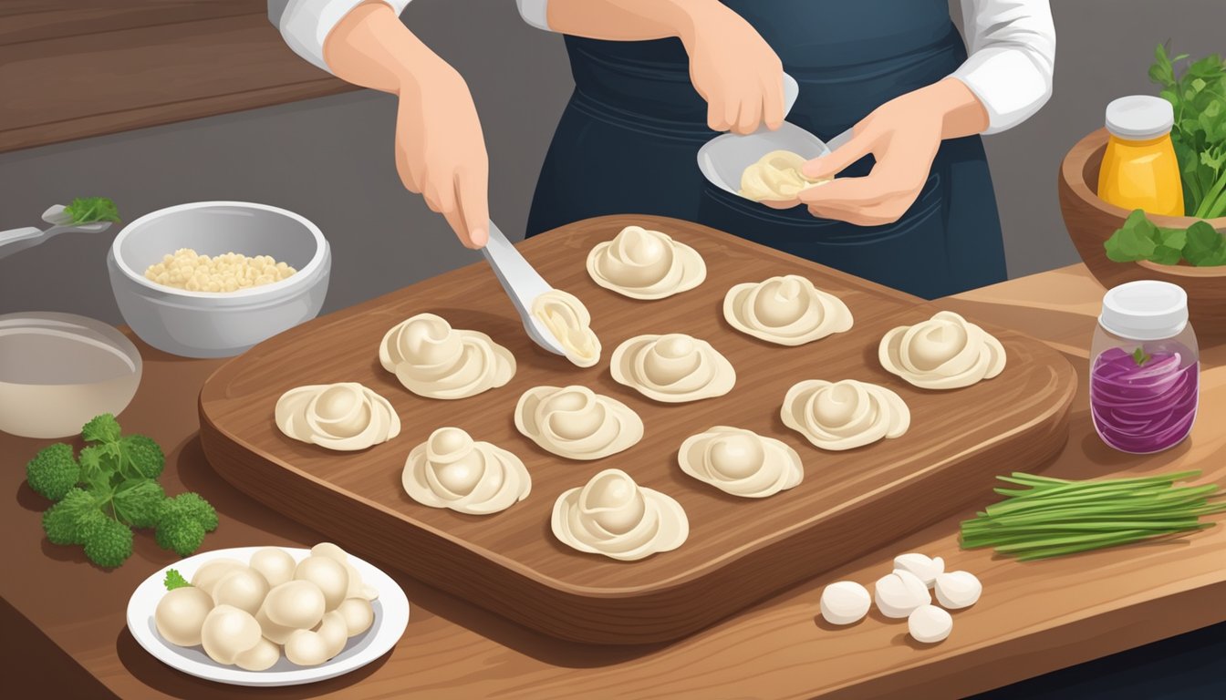 A person preparing pelmeni filling with ingredients on a wooden cutting board