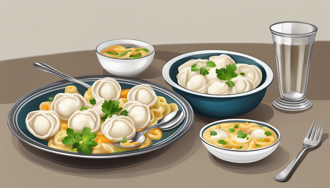 A table set with a bowl of pelmeni, a fork, and a spoon