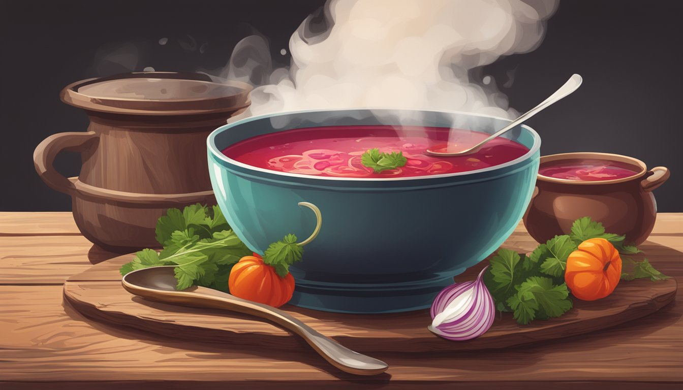 A bowl of borscht sits on a weathered wooden table, steam rising from the vibrant red broth. A spoon rests next to the bowl, surrounded by rustic kitchen utensils and fresh ingredients