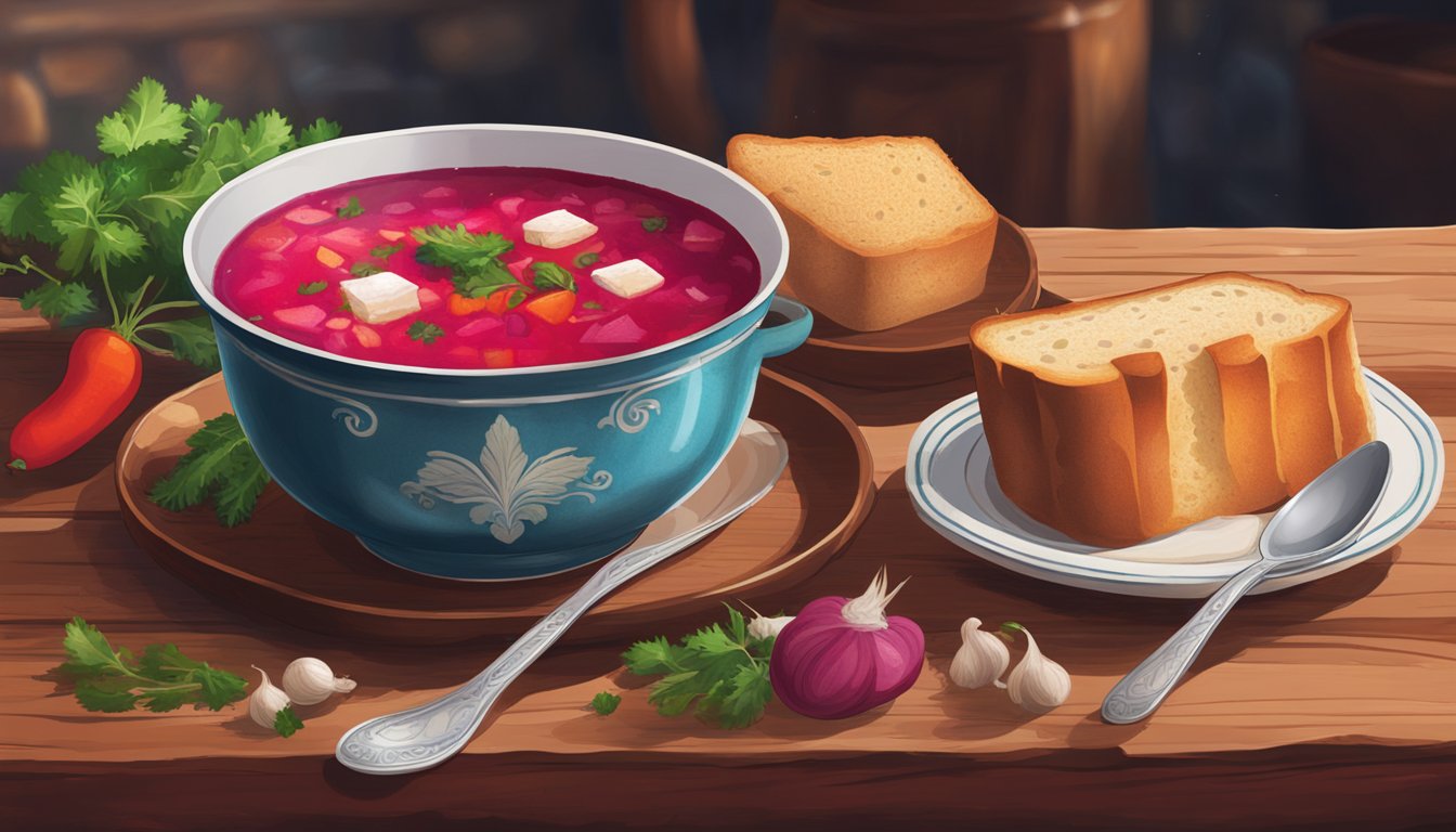 A bowl of borscht sits on a rustic wooden table, surrounded by a spoon and a slice of hearty bread. Steam rises from the rich, red broth, and vibrant chunks of vegetables are visible